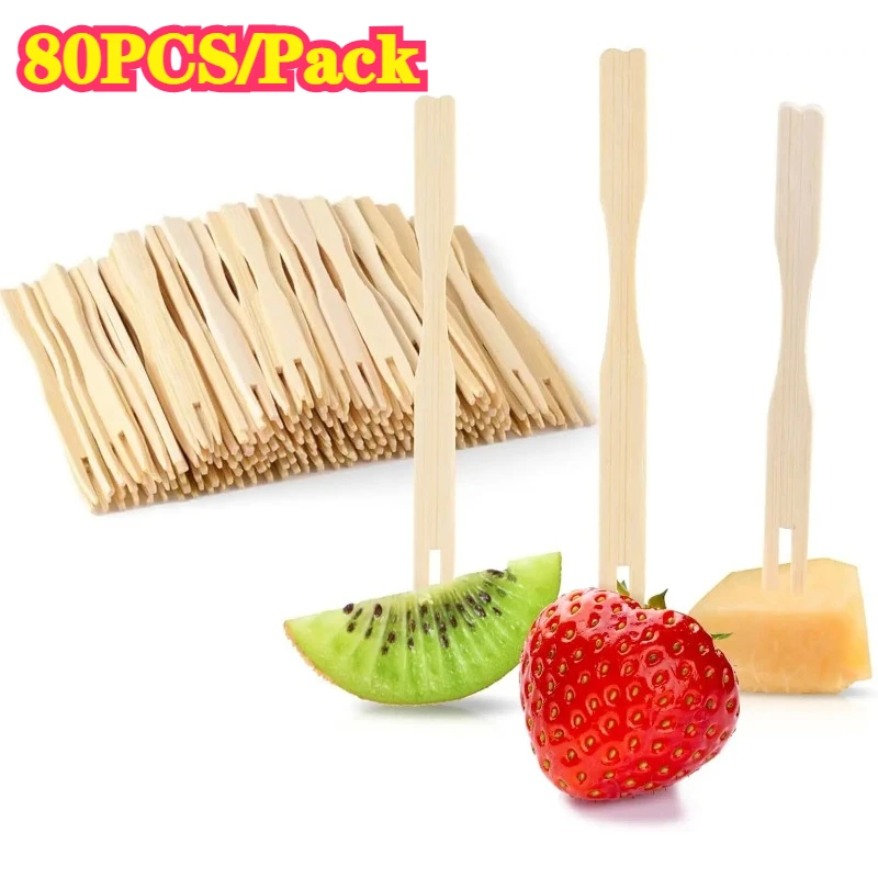 80PCS/Bag Disposable Wooden Fruit Forks Dessert Cakes Fruit Appetizers Household Wedding Party Restaurant Tableware