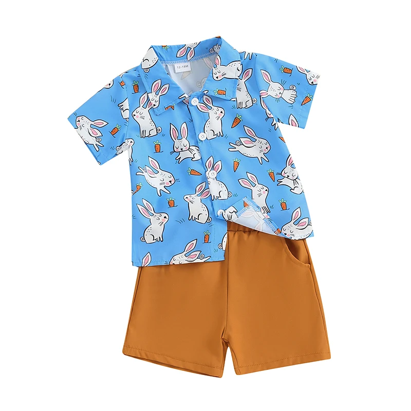 

1-я Пасхальная одежда для маленьких мальчиков, рубашка с коротким рукавом и шорты на пуговицах в виде кролика, джентльменский костюм, летний комплект одежды