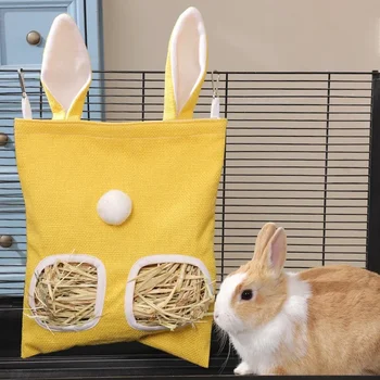 Alimentador de heno con Orejas de conejo, bolsa colgante, bolsa de alimentación de conejito, soporte de almacenamiento de 2/3 agujeros para hámster, Chinchilla, conejillo de indias, mascotas pequeñas 1