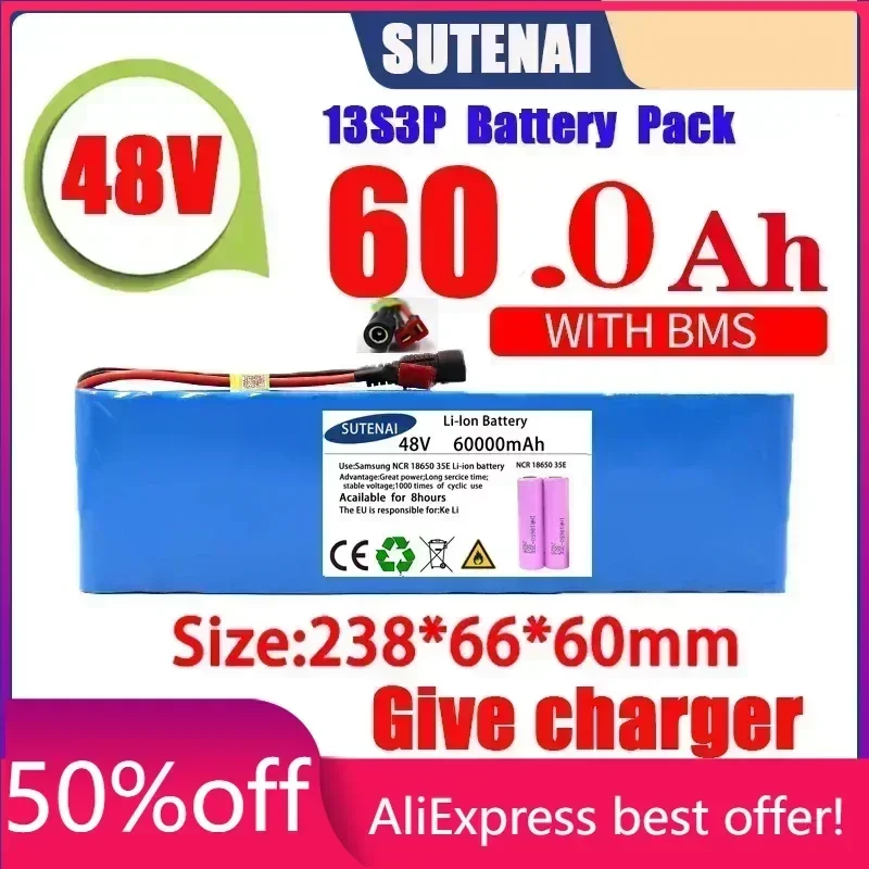 

New 48V 120000mAh 1000w 13S3P 48V Lithium ion Battery Pack 120Ah For 54.6v E-bike Electric bicycle Scooter with BMS+charger