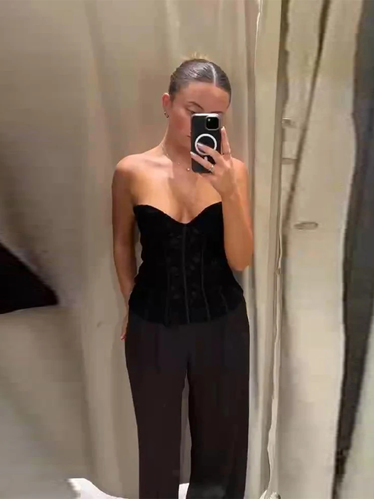 Samt-Spitzen-Korsett-Tops für Damen, sexy trägerloses, ärmelloses, rückenfreies Reißverschluss-Oberteil, charmante Damen-Frühlings-Clubwear, Partykleidung, neu – Detail 12