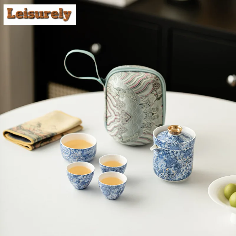Chinese Thangka Pattern Travel Tea Set Kit Japanese 1 Pot 4 Cups Kit Household Tea Maker Picnic Portable Handbag Tea Items Craft