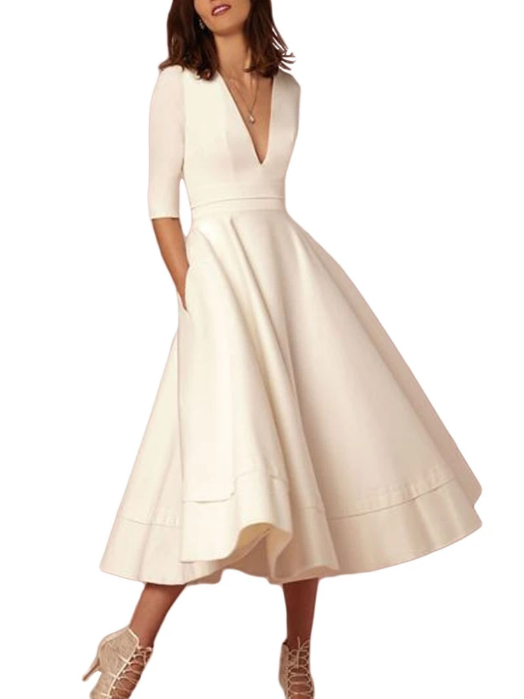 

Spring and Summer New Ladies High-end Sexy Deep V Mid-sleeve Dress Retro Temperament Mid-length Solid Color Dress Female