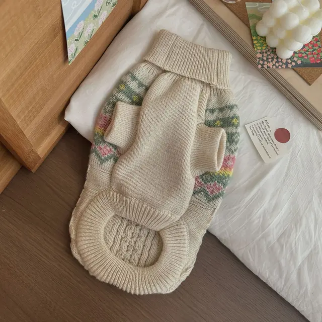 New Winter Beige Green Stripe Dog Pet Sweater for Warm Christmas New Year Clothes Wear for Small Medium Puppy Pet 3