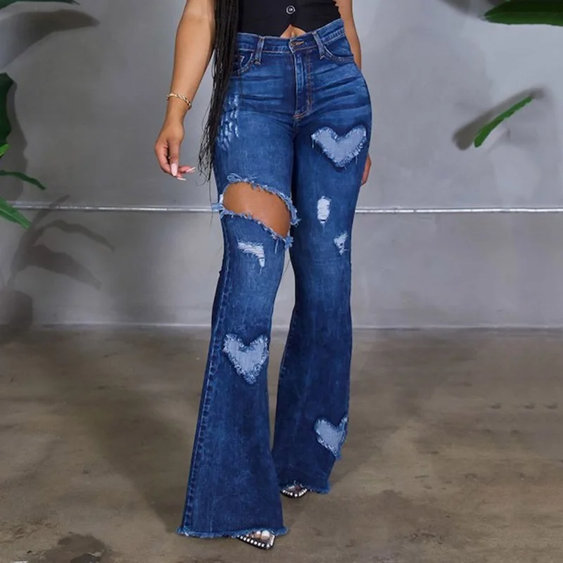 New Heart-shaped Flared Pants Mom Jeans Retro Blue Cute Flared Long Jeans Women's Fashion Ripped High Waist Casual Jeans Pants adagirl kawaii star print wide leg jeans women cute straight long denimtrousers korean blue casual hollow out design bottoms new
