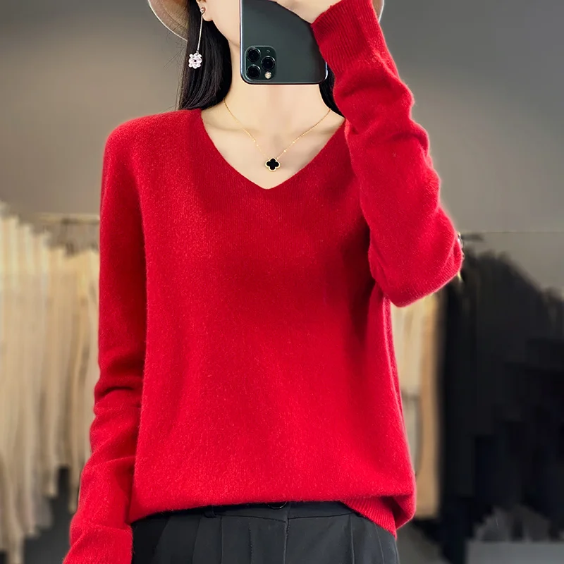 thumbnail image 1 of Suéter de lana merino 100 % para mujer, jersey básico con cuello en V, ropa de cachemira para otoño e invierno, prendas de punto suaves de manga larga, color liso, 1 of 5
