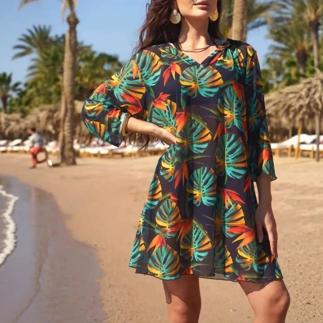 Pareo Dress Beach Tropical Leaf Print Tunic Swim Blue Sheer Three Quarter Sleeve Women's Cover-ups 4