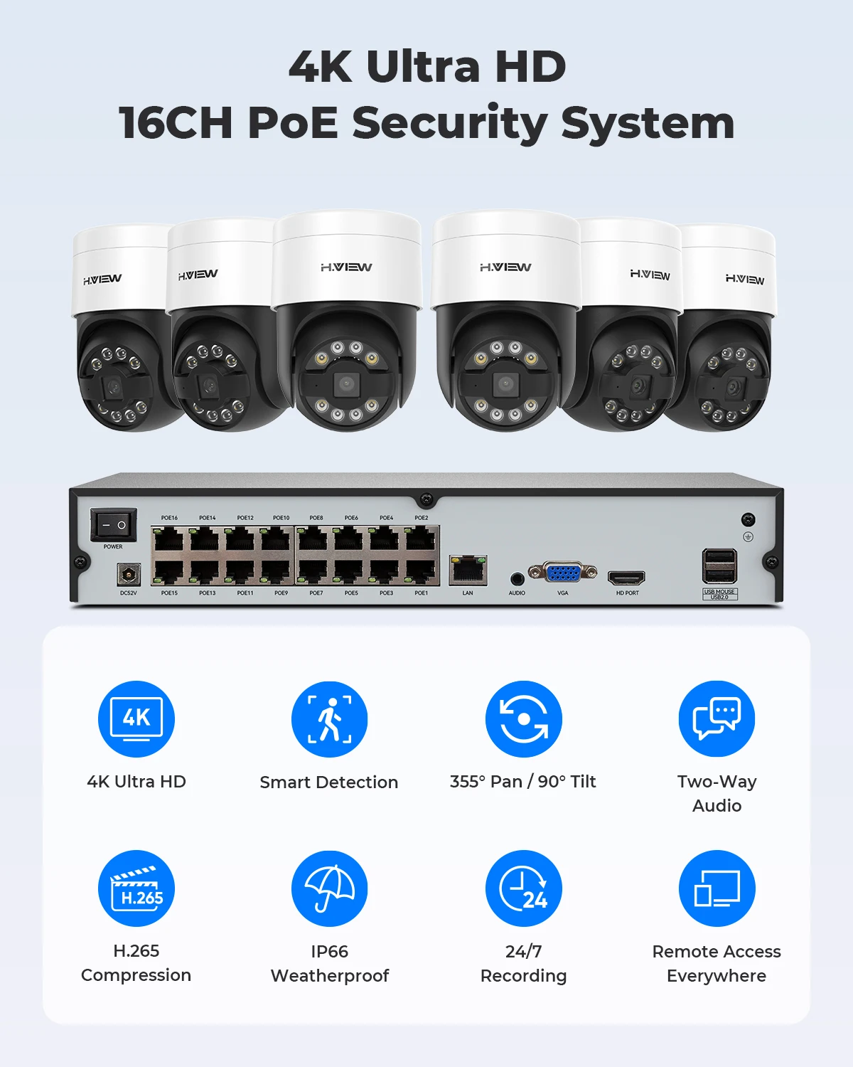 H.view 16CH 4K 5MP 8MP CCTV Security PTZ Cameras System Home Video Surveillance Kit Outdoor IP Camera Humanoid Detection