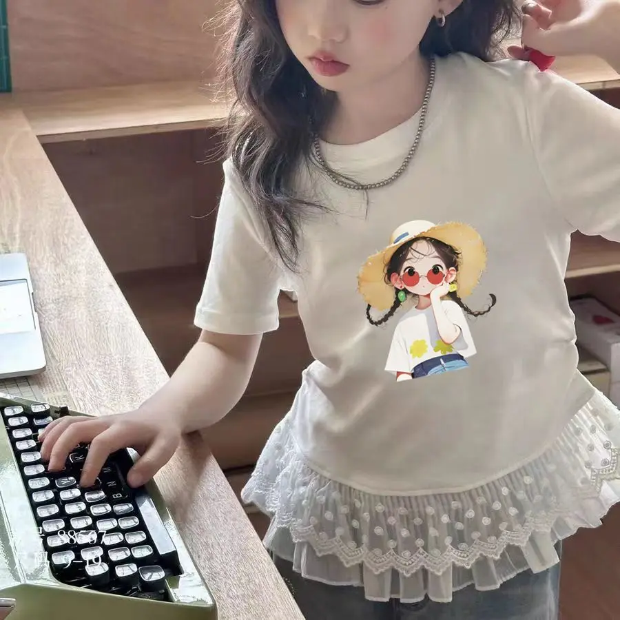 아동 의류 소녀 여름 캐주얼 레이스 티셔츠 2025 반팔 레이스 접합 새로운 흰색 탑 3-12 아동복