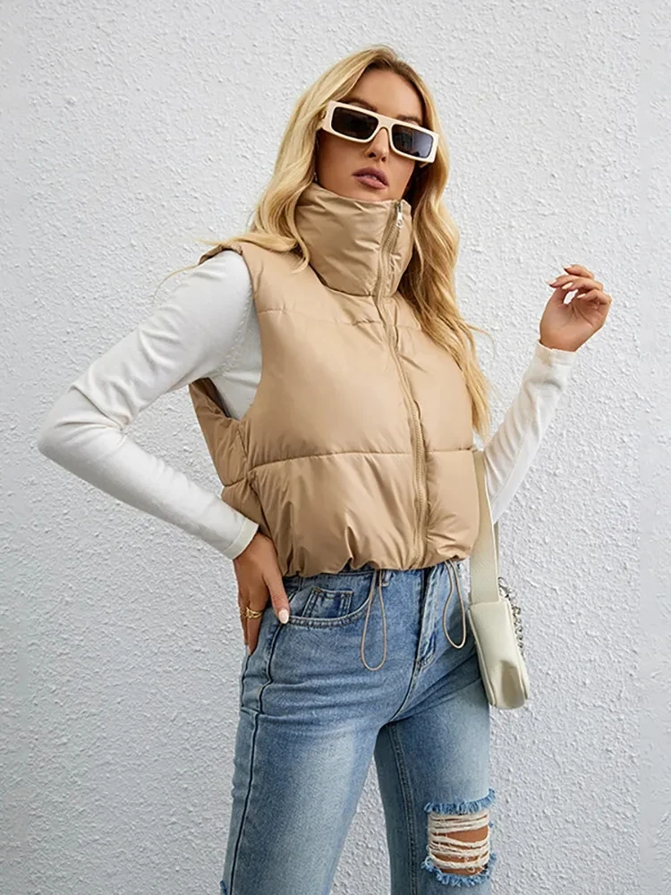 2024 New Cotton Padded Vest Women Autumn Winter Waistcoat Zipper Sleeveless Jacket Female Stand Collar Short Warm Outwear