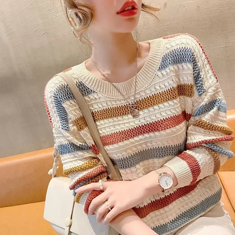 Women's Hollow Color Striped Knit Top