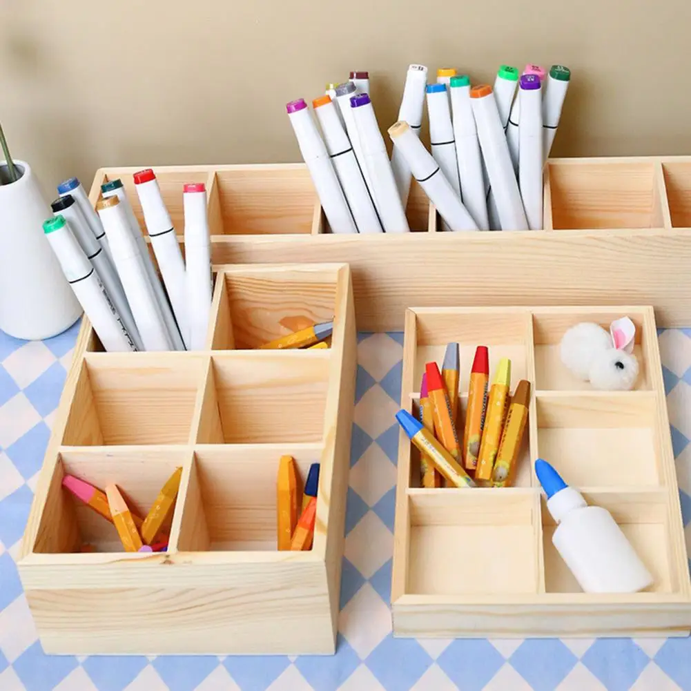 Wooden Storage Box Paint Brush Case Burr Free Multiple Compartments Rectangular Office Wooden Storage Box Retro Treasure Chest