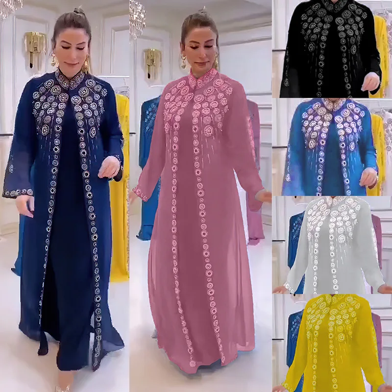 

Two Piece Dress Set African Dresses for Women 2023 Traditional Nigeria Chiffon Diamonds Caftan Abaya Muslim Robe Dashiki Clothes