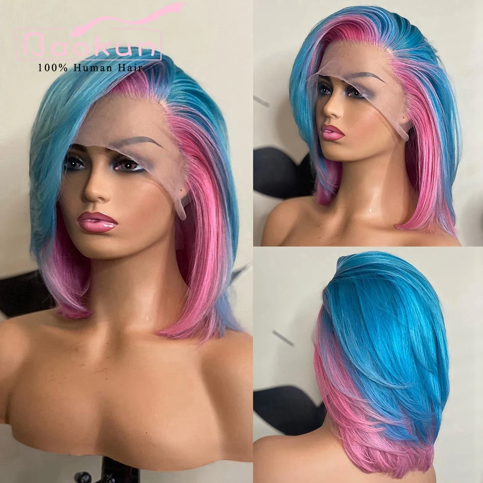 

Side Part 13x6 Short Bob Wig Lace Front Human Hair Wigs Pink Blue Highlight Wig Colored 360 HD Human Hair Lace Frontal Wigs