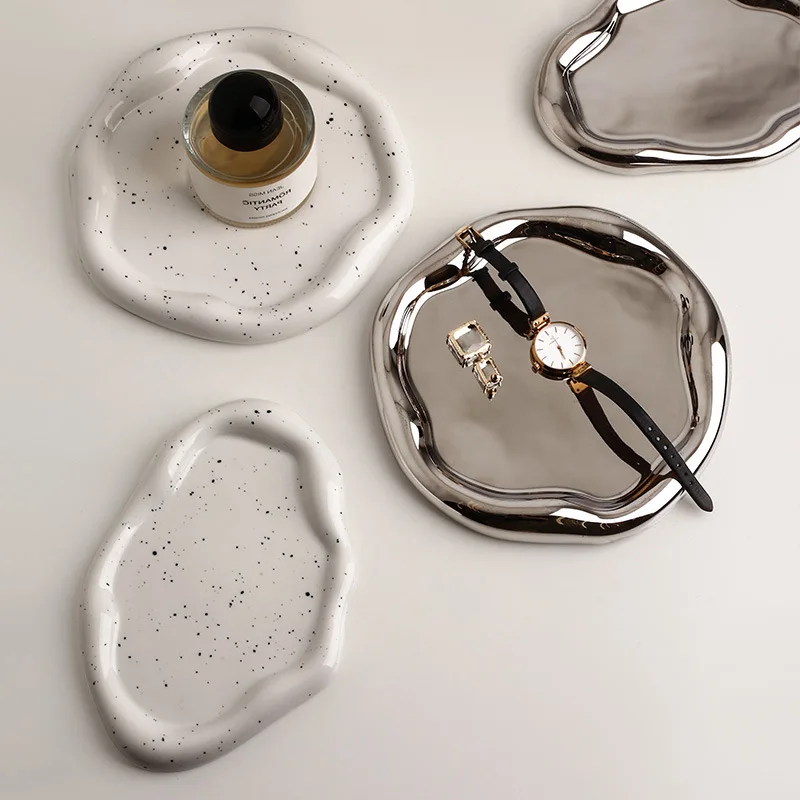 Jewelry Tray Nordic Silver Plated Ceramic Dish Irregular Tray Decorative Jewelry Organizer Creative Storage