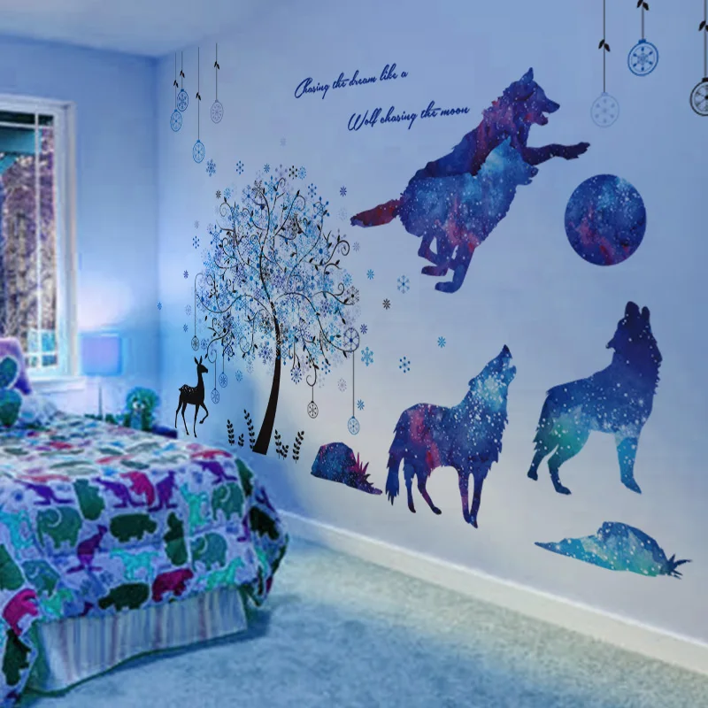 

[shijuekongjian] Trees Deer Wall Stickers DIY Wolf Animal Mural Decals for Living Room Kids Bedroom Nursery Home Decoration