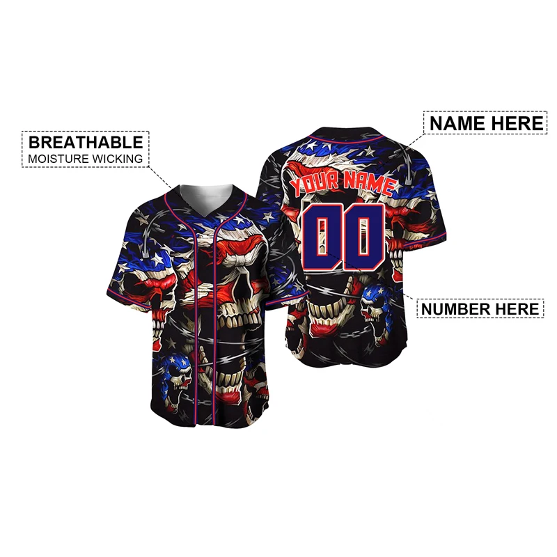 Tee Shirt Baseball Jersey For Men Sublimation Blanks Halloween Usa Flag Skull Design Hip Hop Blouses Fashion Tshirt