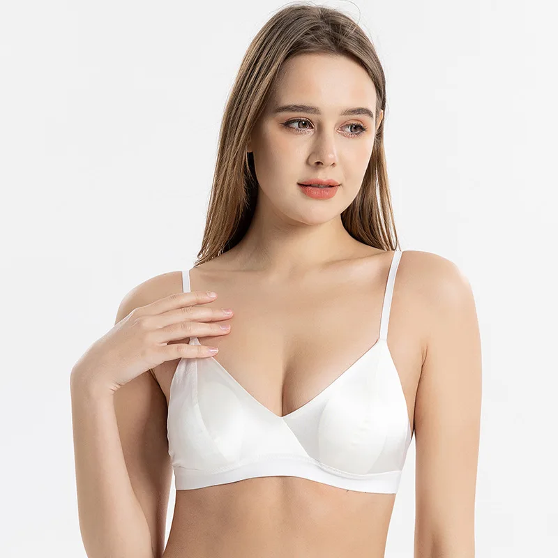Women's Solid Bra, 93%Real Silk 7%Spandex Underwear, Triangle Cup Female Underwear, Thin padded Brassiere 2024, White, grey 4