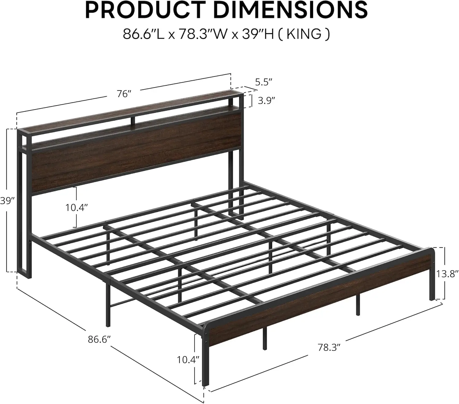 King Bed Frame with Headboard, Dark Wood Camas King with Strong Supports, Sturdy, Noise-Free, No Box Spring Needed, Dark Brown