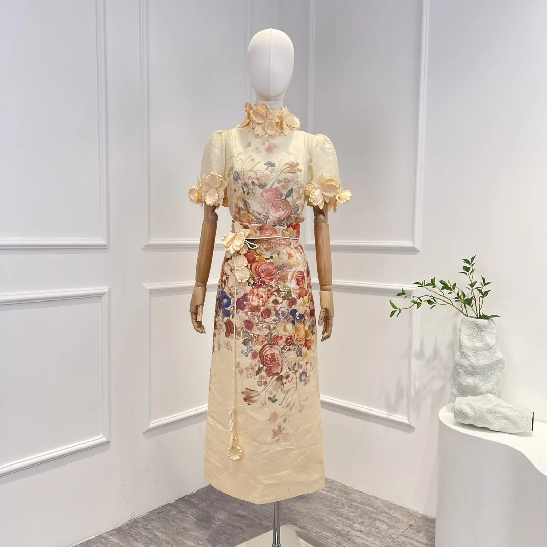 2025 Biege Short Sleeve Flowers Appliquéd Tops and Midi Skirt Set for Women