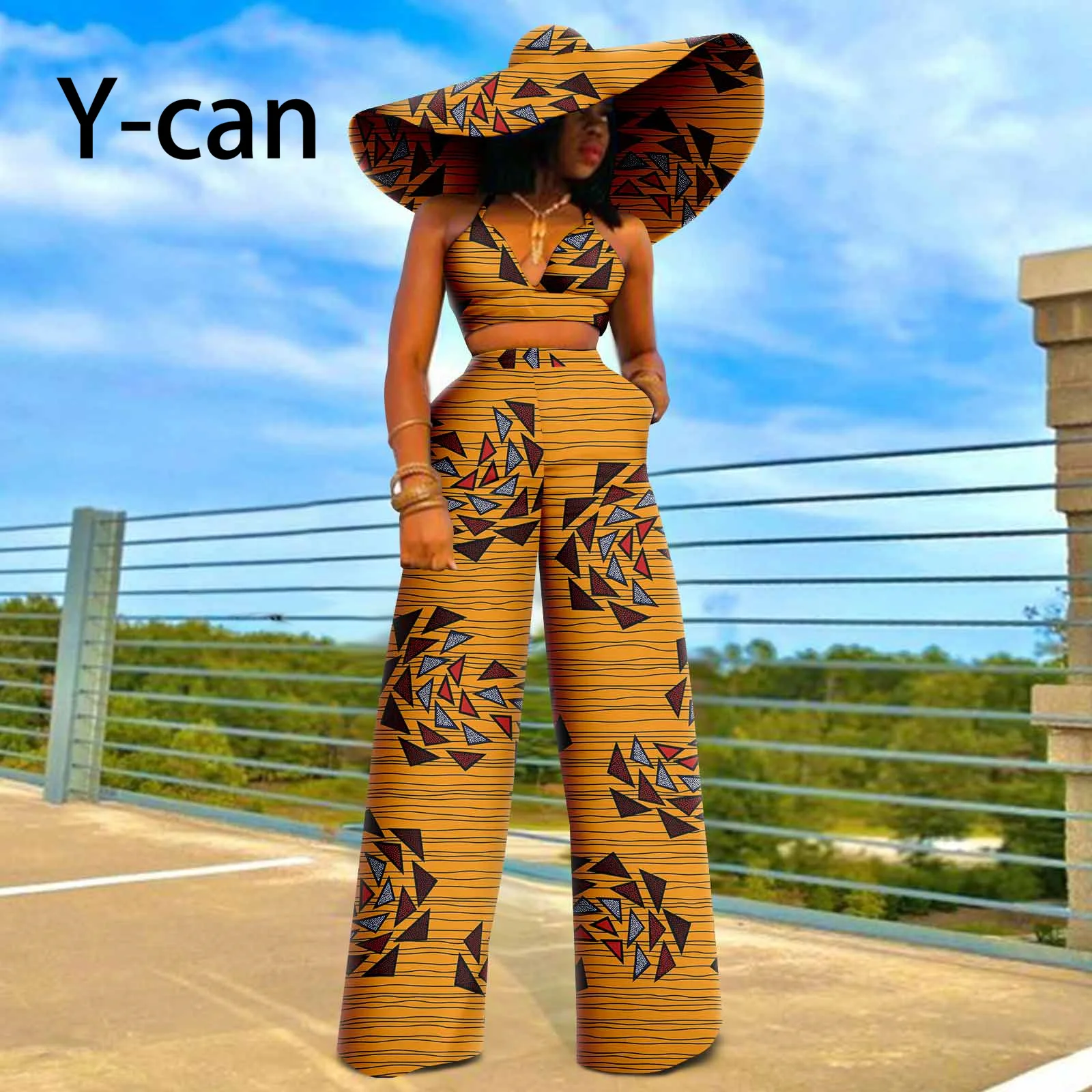 Conjunto de 2 piezas para mujer africana, chaleco con cuello en V, camisola y pantalones completos a juego, sombrero para el sol, ropa de playa para fiesta y boda, Y2226007 1