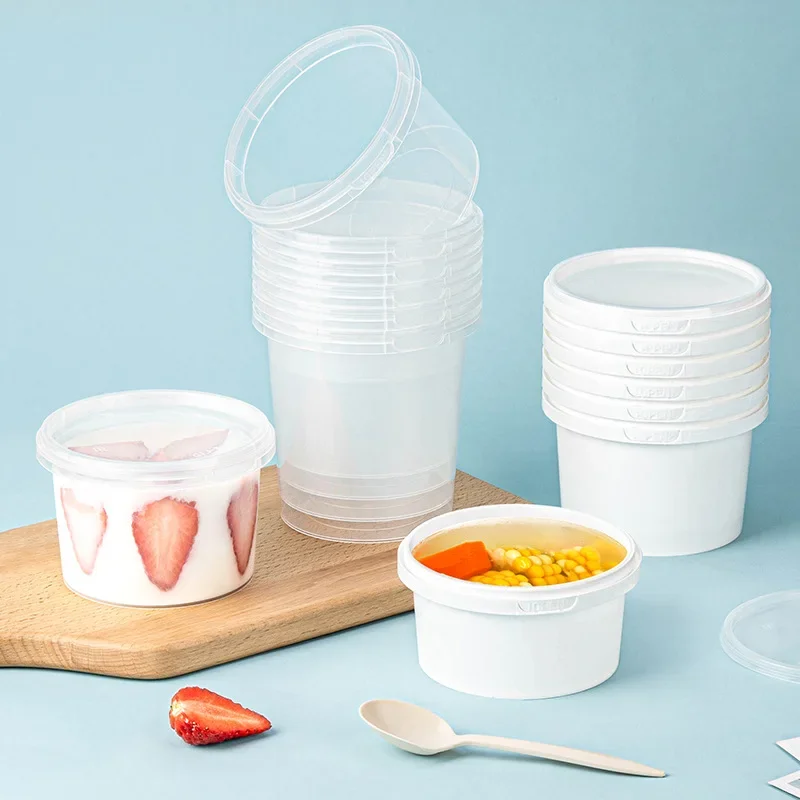 Disposable Takeout Plastic Soup Bowl with Lid Transparent Seasoning Box round Food Container Fruit Salad Plastic Bowl with Lid