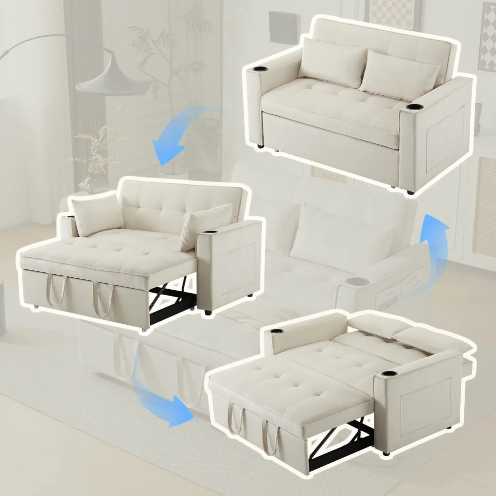 Elegantne valge diivanvoodi koos integreeritud joogitopsihoidjate ja mugavate patjadega moodustab mitmekülgse mööblieseme kaasaegses elutoas.