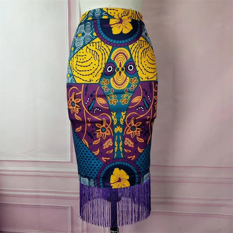 Fashion Ladies Summer Printed Skirt Retro Floral African High Waist Fringed Edge Elegant Moderate Retro Bust Bag Hip Long Skirt sandro rivers ladies high waist ripped jeans small fellow clothing retro loose fitting straight leg pants that look thin summer