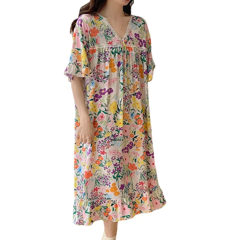 

Women's pajamas short sleeves v-neck Cotton silk nightdress Loose lace Girly night gown