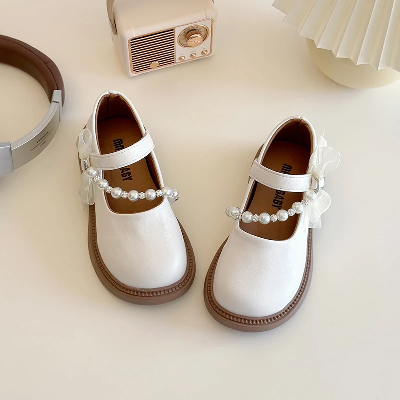 Girl's Leather Shoes Pearl Chain Ribbon Solid Color Elegant Kids Mary Janes Hook-loop Spring Black Beige Children Shoe