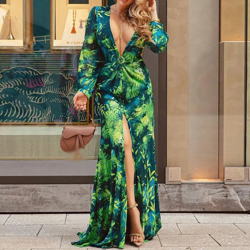 Vintage květinová tisk dlouhé šaty podzim jednořadového s dlouhým rukávem elegantní šaty 2024 etnický styl slim-fit high-split šaty