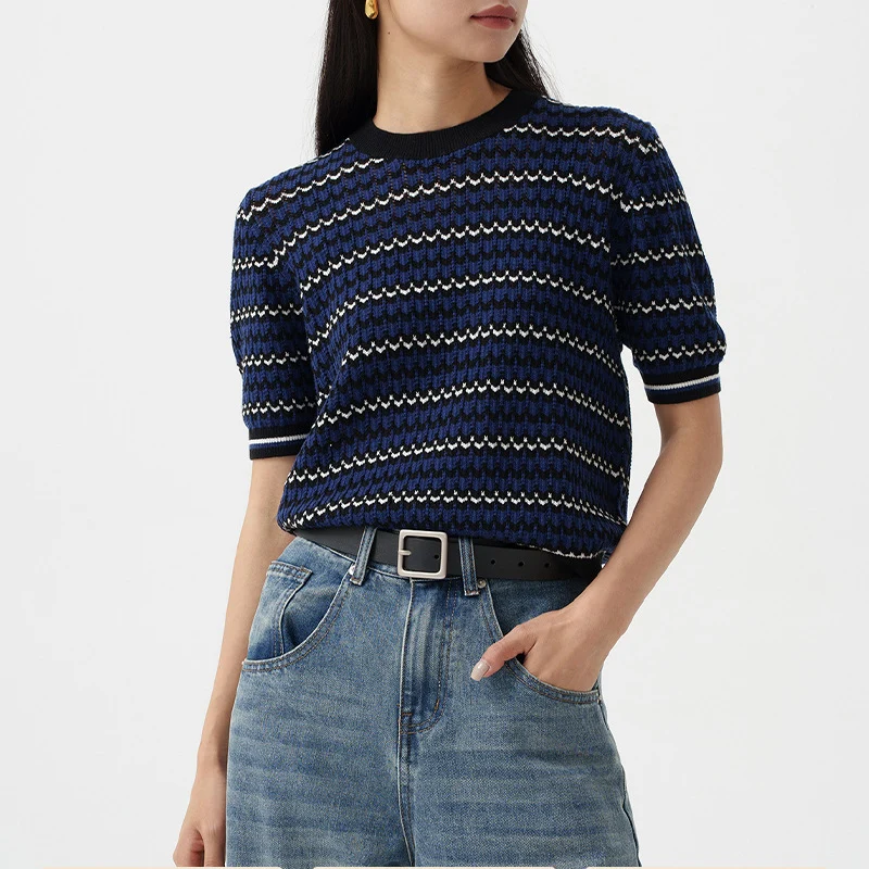 

Wool Blend Crop Short Sleeve Sweater Contrast Textured Chevron Striped Crew Neck Pullover