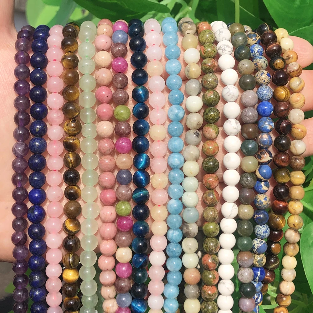 Natural Stone Beads Tiger Eye Agates Amazonite Jades Tourmarine Rose Quartzs Round Beads for Jewelry Making Diy Bracelets 4-10mm
