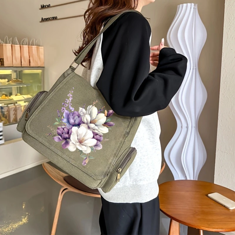 Vintage Women's Shoulder Bag Large Capacity Canvas Floral Print Messenger Bag for Daily Use Crossbody Bag
