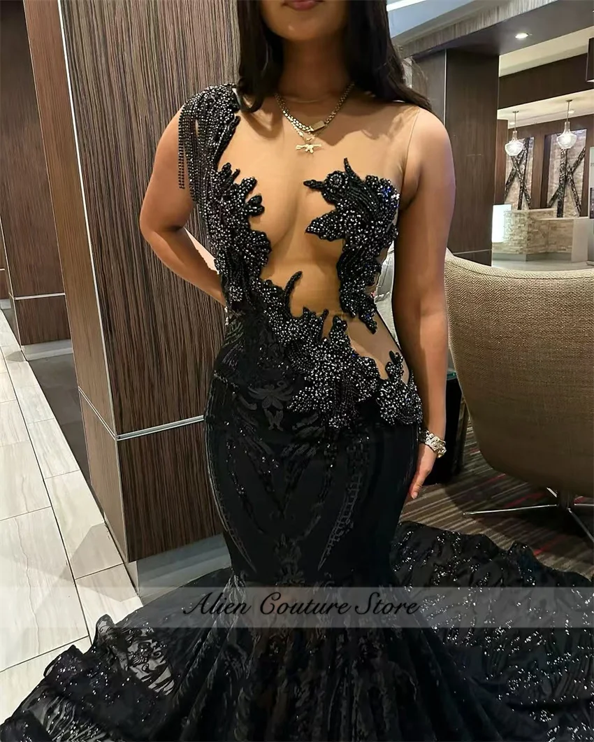 Prom Dress For Black Girls Long Black Diamonds Crystals Birthday Party Tassels Sequins Party Robe Customized