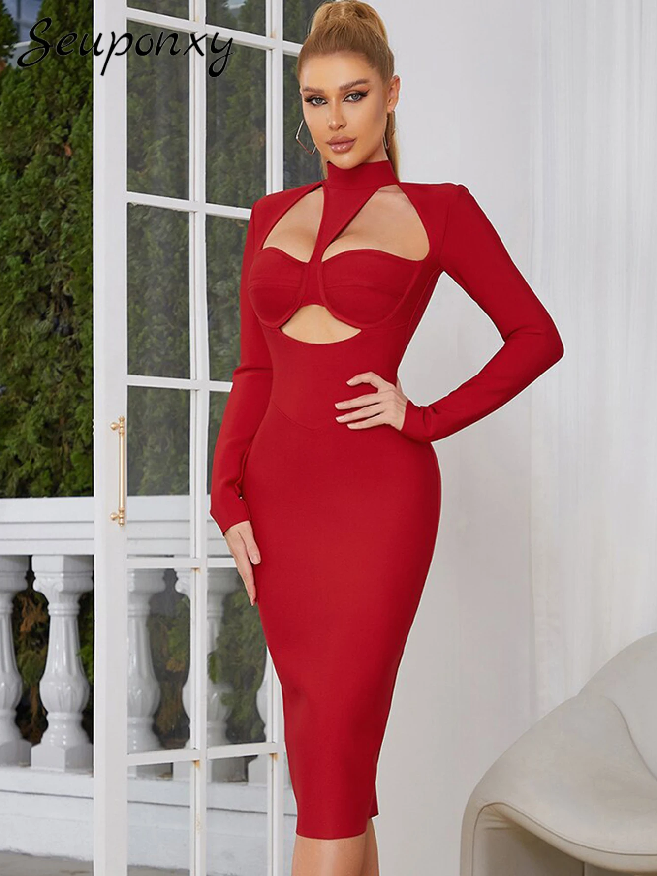 

High quality Autumn 2022 New Fashion Women's Red Sexy Long Sleeve Hollow High Neck Elegant Celebrity Evening Party Bandage Dress