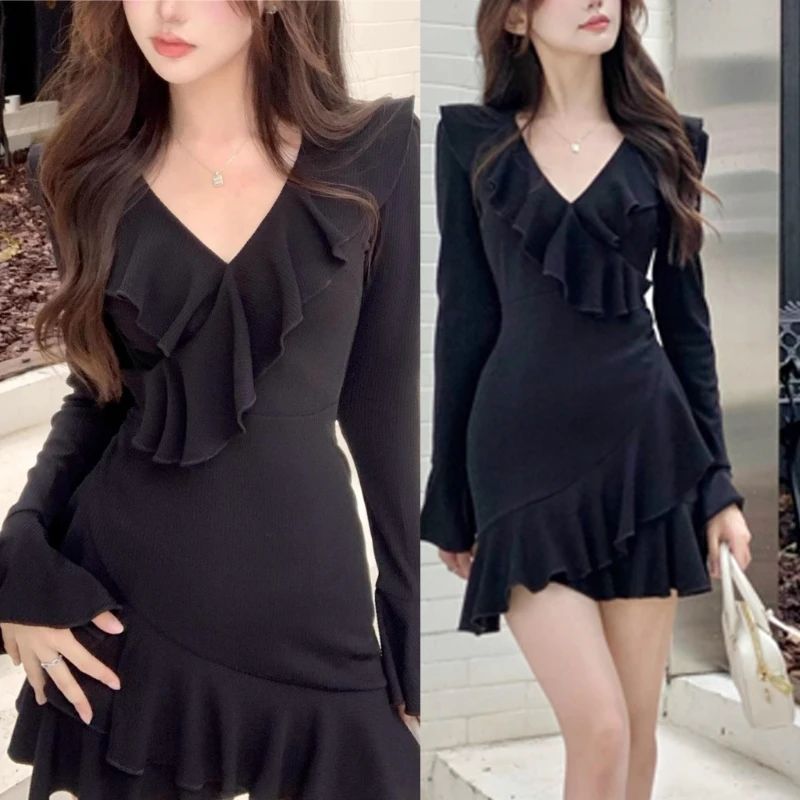

Женское сексуальное облегающее мини-платье с рюшами и v-образным вырезом, расклешенное с длинными рукавами, повседневное платье