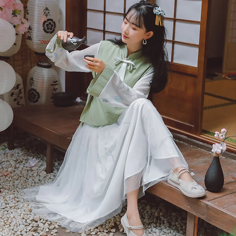 

New Improved Hanfu Women's Chinese Style Embroidered Chiffon Han Elements Long Sleeve Shirt Skirt Two-piece Literary Hanfu