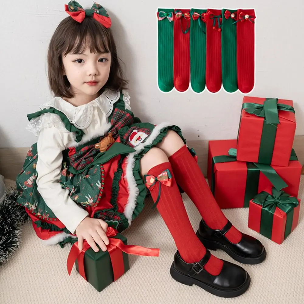 Casual Middle Tube New Year Red Socks Cotton Thicken Bow Hosiery for Kids Green Sweet Children Long Socks Autumn