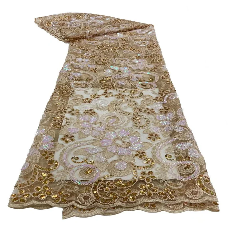 

African Lace Fabric 2023 High Quality French Mesh Lace Fabric With Sequins Nigerian Lace Fabrics For Wedding Dress golden