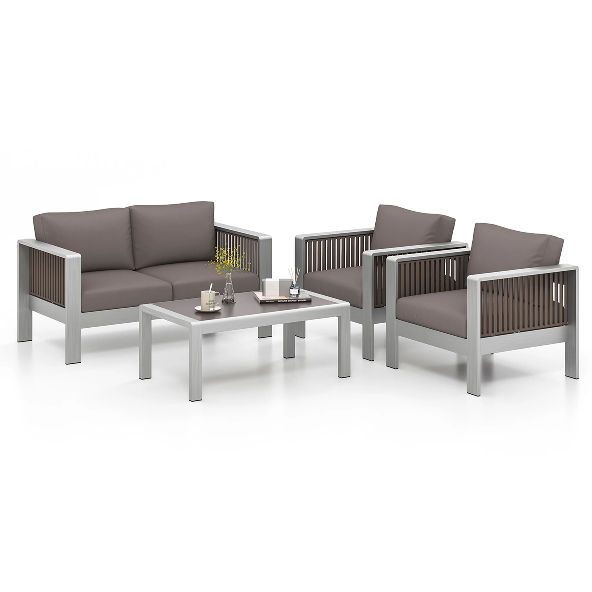 4 PCS Aluminum Patio Furniture Set with Thick Cushions & Tempered Glass Tabletop