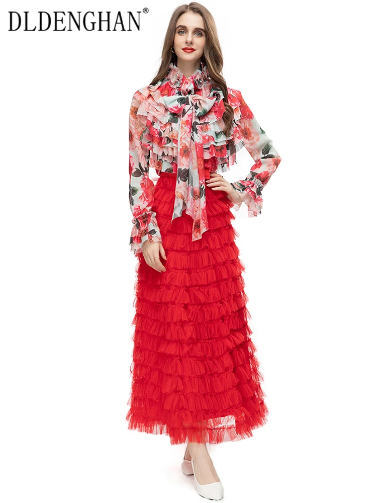 

DLDENGHAN Fashion Early Autumn Suit Women Appliques Stand Collar Floral Print Shirt + Mesh Ruffles Long Skirt 2 Pieces Set