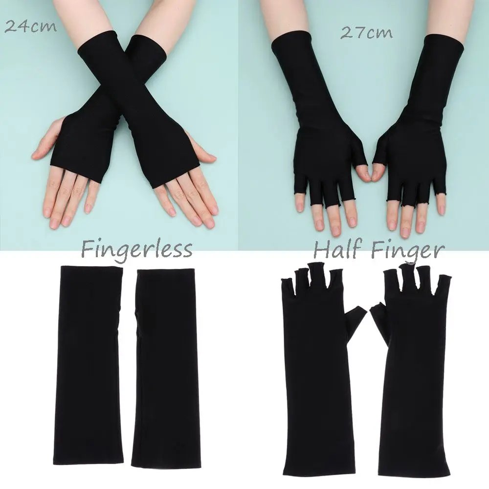 1Pair Sunscreen Protection Fingerless Long Gloves Women Arm Cool Summer Solid Mittens Half Finger Sleeves Black White Nude 5