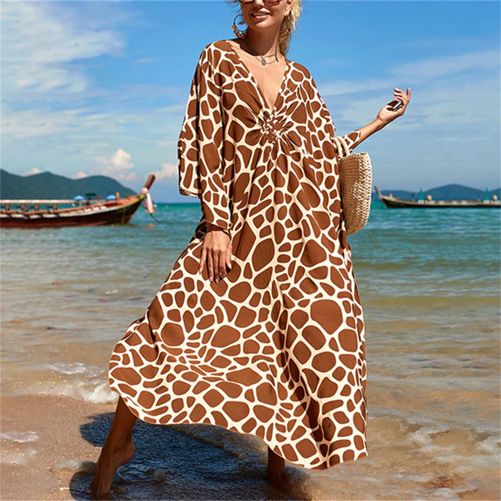 

2022 New Kaftan Beach Zebra Print SnakeSkin Swimsuit Cover Up Kimono Plage Beach Robe Femme Long Dress Sarong Dress Beachwear