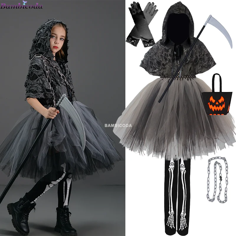Disfraz de capa negra para niños y niñas, vestidos de terror y muerte, ropa de fiesta, disfraz de demonio y fantasma