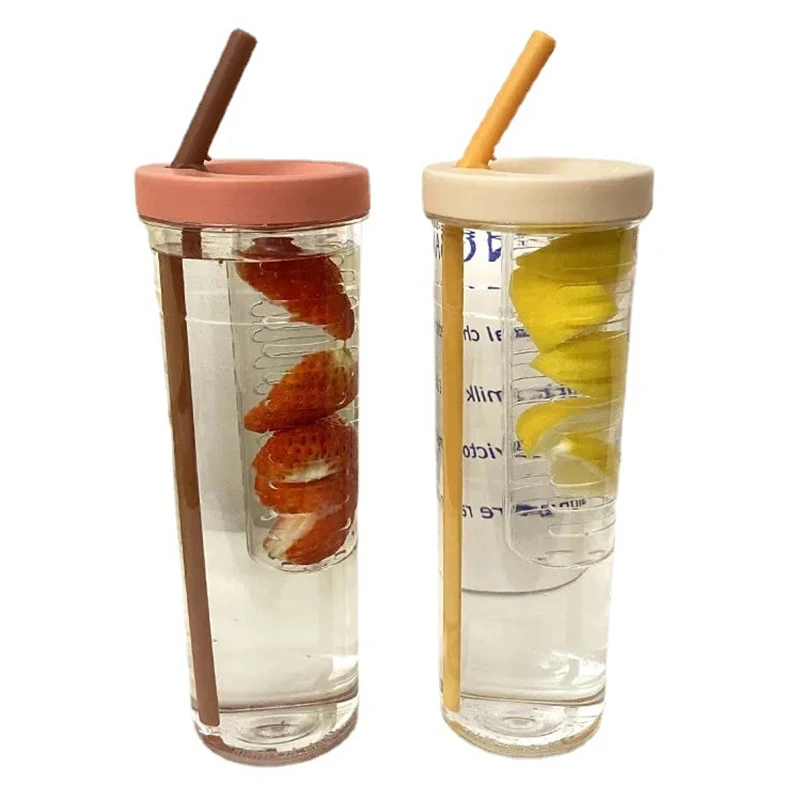 

1 Pc Plastic Transparent Water Bottle Portable With Straws Fruit Infuser Tea Juice Cup Travel Bottles Kettle