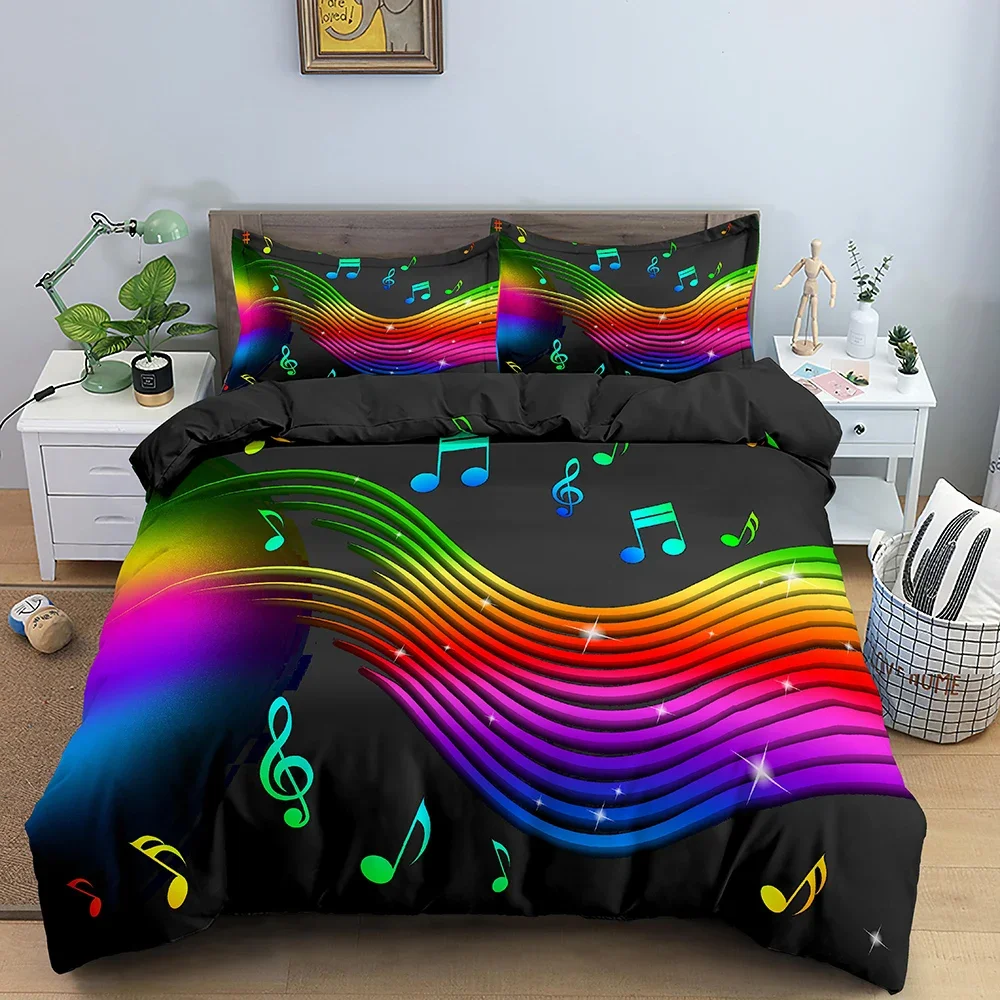 Bettwäsche-Set mit Musiknoten, 3-teilig, Bettbezug mit Musikmotiv, King/Queen-Size, modischer, psychedelischer, weicher Bettbezug mit Kissenbezug – Detail 22