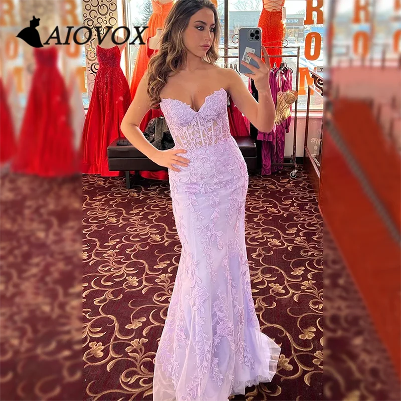 

AIOVOX Prom Dress Lace Appliques Lace-up Back Evening Gown Mermaid Illusion Sweetheart Floor-length Vestido De Noche for Women
