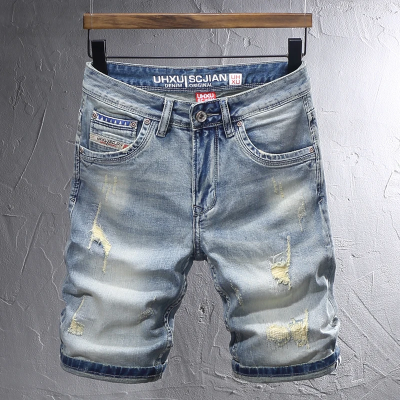 Summer Fashion Designer Short Jeans Men Retro Washed Blue Stretch Slim Fit Ripped Jeans Vintage Casual Denim Shorts Hombre