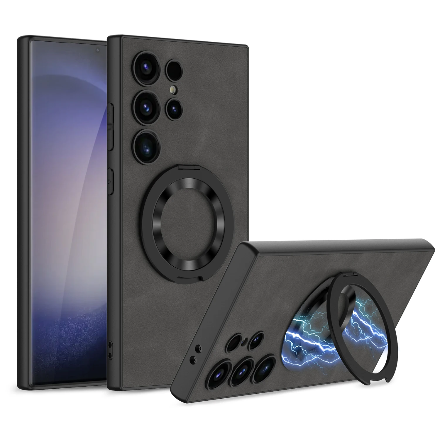 For Samsung Galaxy S24 S23 Ultra Plus Magsafe Case Plain Leather Magnetic Wireless Charging Rotating Bracket Shockproof Cover